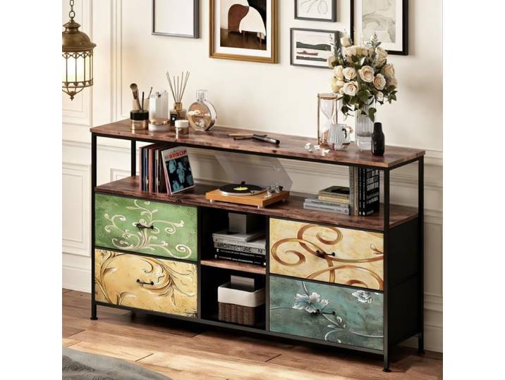 Commode avec 4 tiroirs en Tissu et éclairage LED Commode Chambre Meuble de Rangement avec étagères Ouvertes Coloré
