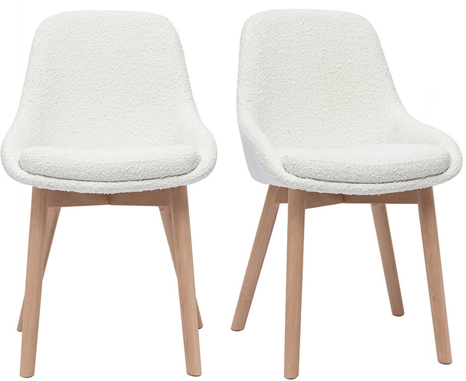 Miliboo Skandinavische Stühle aus Stoff in weißer Bouclé-Wolloptik und massivem hellem Holz (2er-Set) HOLO