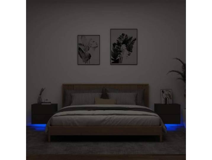 HEFZGDB Wand-Nachttische mit LED-Leuchten 2 STK. Schwarz, RGB-Beleuchtung, Holzwerkstoff, modernes Design, Stauraum Lösung, wandmontiert, multifunktional, USB-Anschluss