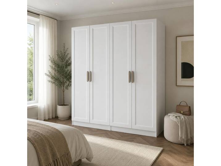 Armoire penderie blanche 4 portes 2 tringles BYRON