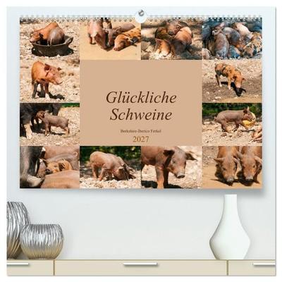 Glückliche Schweine Berkshire-Iberico Ferkel (hochwertiger Premium Wandkalender 2027 DIN A2 quer), Kunstdruck in Hochglanz