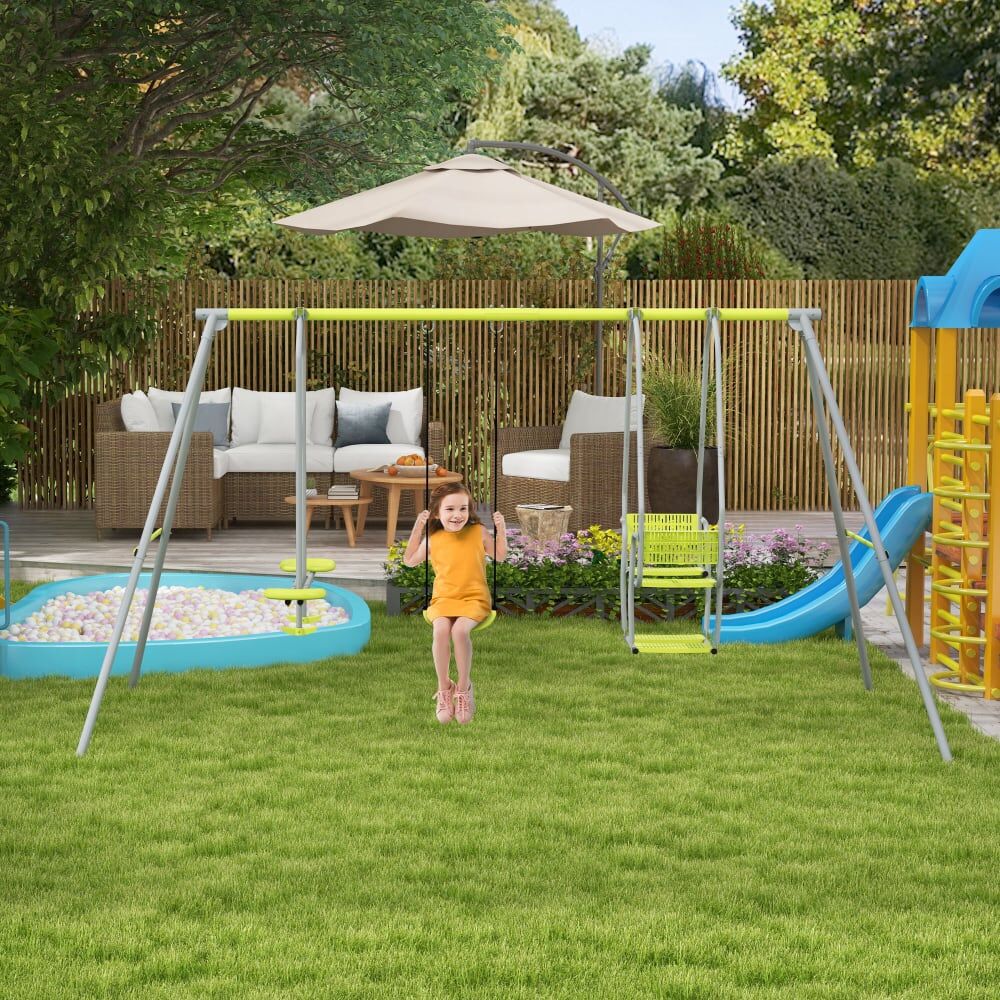 Outsunny Balançoire portique enfant 3 en 1 structure métal vert Vert 283x180x156cm