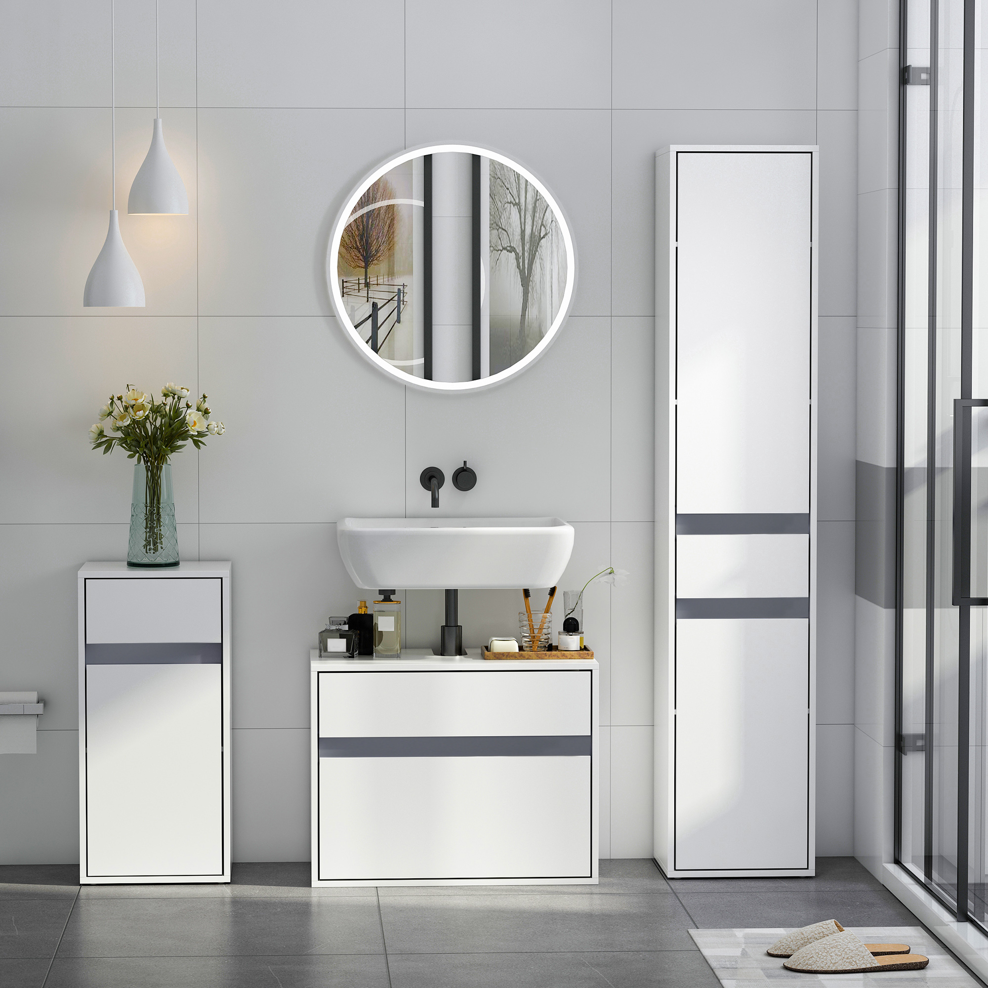 Homcom Mobiletto Bagno Salvaspazio con 2 Armadietti e Cassetto, Colonna Bagno con Ripiani Regolabili, in Legno, 35x31x172 cm, Bianco   Aosom Italy