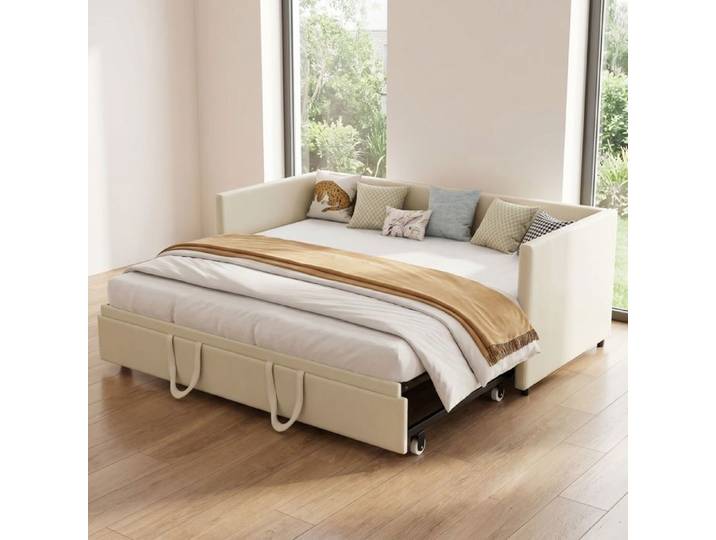 Canapé lit gigogne 90/180x200 cm Canapé convertible 2 places Lit capitonné avec sommier à lattes Lit double convertible VeloursBeige