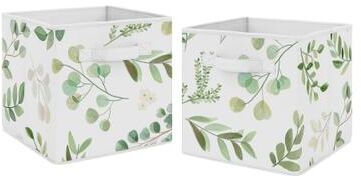Sweet Jojo Designs Floral Leaf Collection Foldable Fabric Storage Bins - Green and White Boho Watercolor Botanical Woodland Tropical Garden