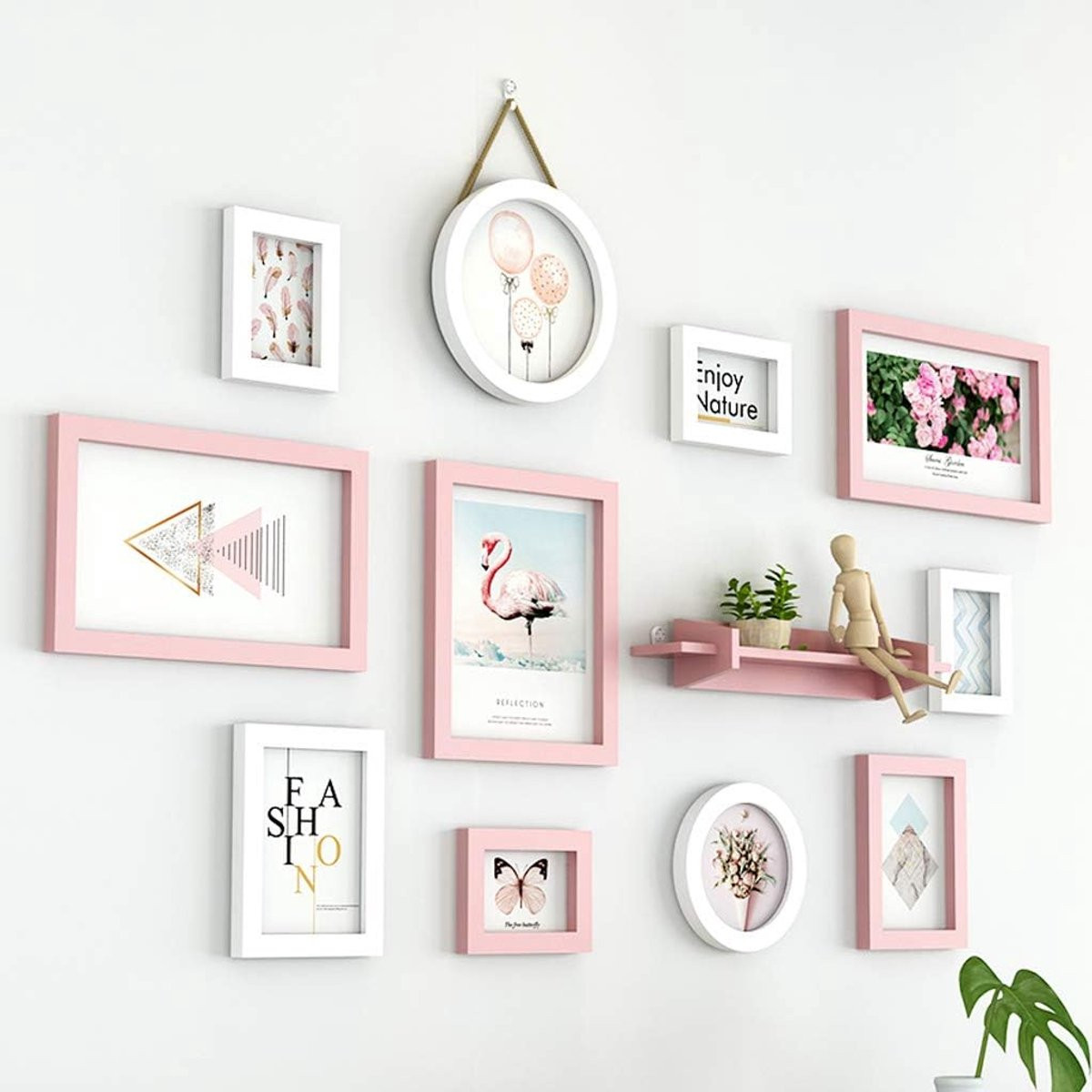 Houten Fotolijst Collage Wanddecoratie voor 11 Foto's - Roze Wit