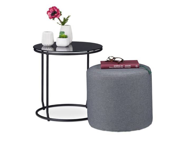 Relaxdays Table d'appoint avec tabouret ottomane Table basse avec pouf peu encombrant HxD 40x40 cm noir et gris