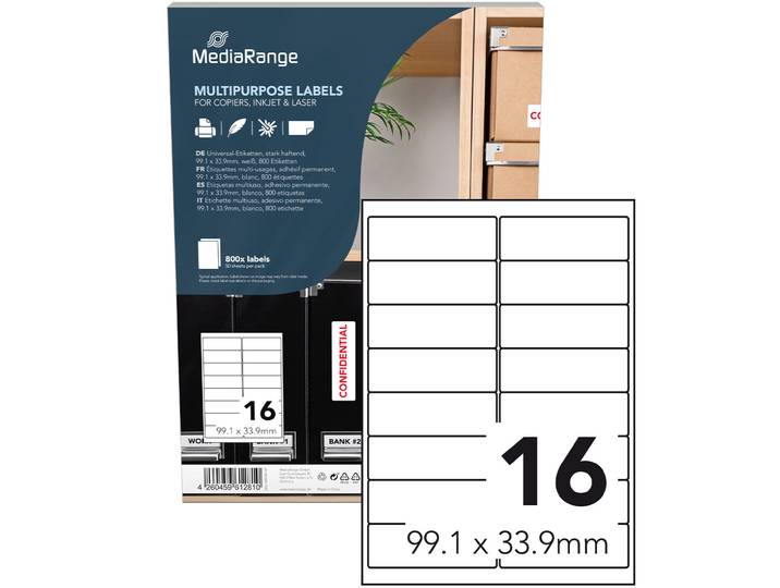 Universal-Klebe-Etiketten, stark haftend, 99.1 x 33.9 mm, 50 Blatt / 800 Etiketten, weiss