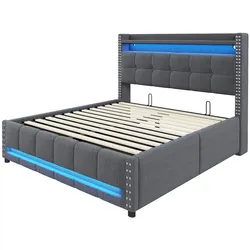 Polsterbett 140x200 cm mit LED-Beleuchtung und USB-Steckdose – modernes Design mit praktischen Ablageflächen Grau