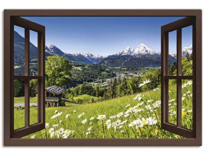 ARTLAND Wanddeko Leinwand Bilder Wandbild Fensterblick Fenster Alpen Landschaft Berge Wald Gebirge Wiese Natur T5TP