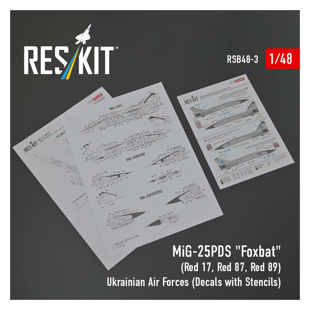 ResKit MiG-25PDS Foxbat (Red 17, Red 87, Red 89) Ukrainian Air Forces (Decals with Stencils) (RSB48-0003)