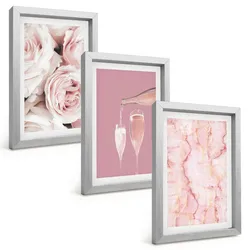 BILDER SET 3er Set - 20x30 cm Silberner Rahmen - Champagnerfarbene Rosen, Marmorhintergrund