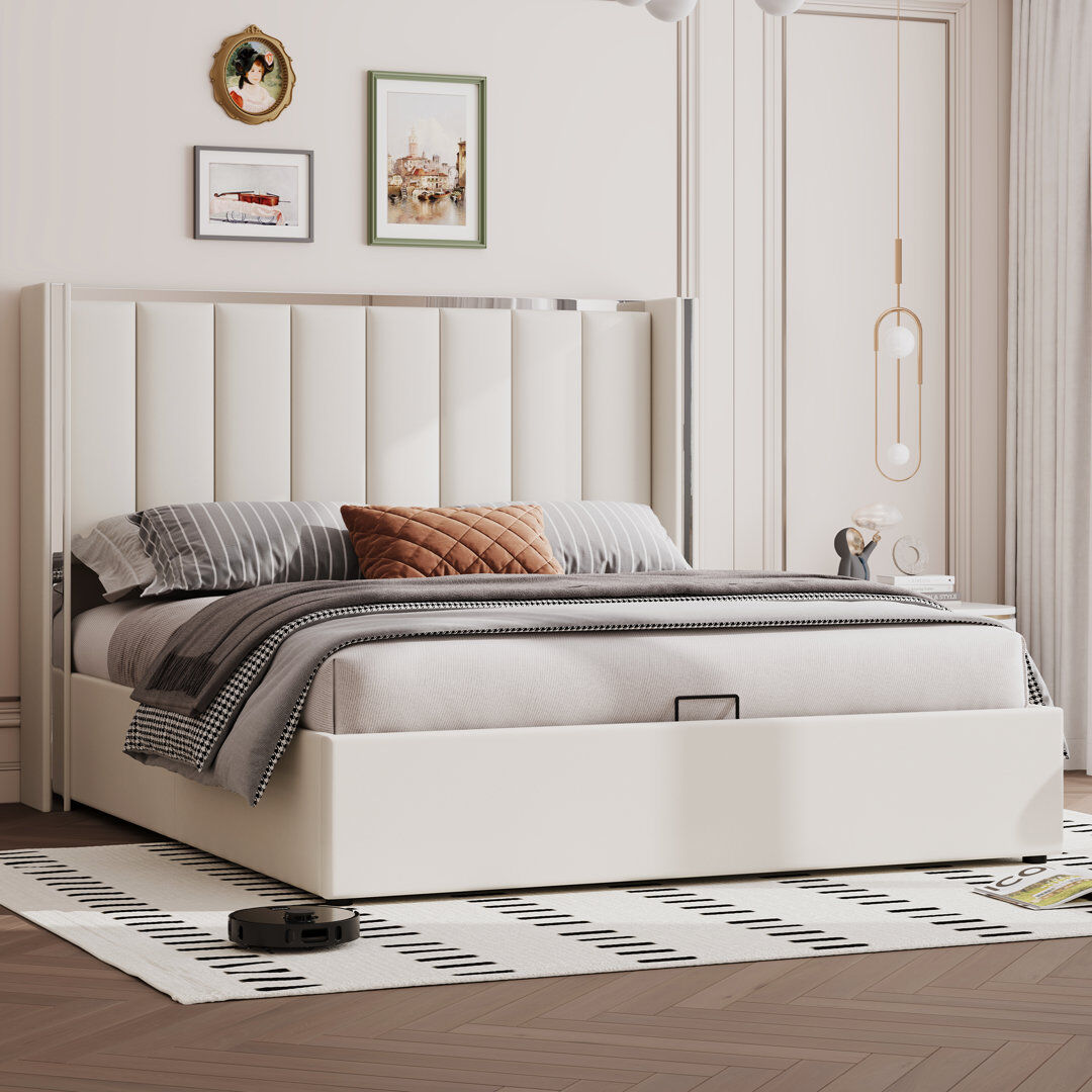 17 Stories Upholstered Platform Bed with Hydraulic Lift-Up Storage and Channel-Tufted Headboard Black Double (4'6)
