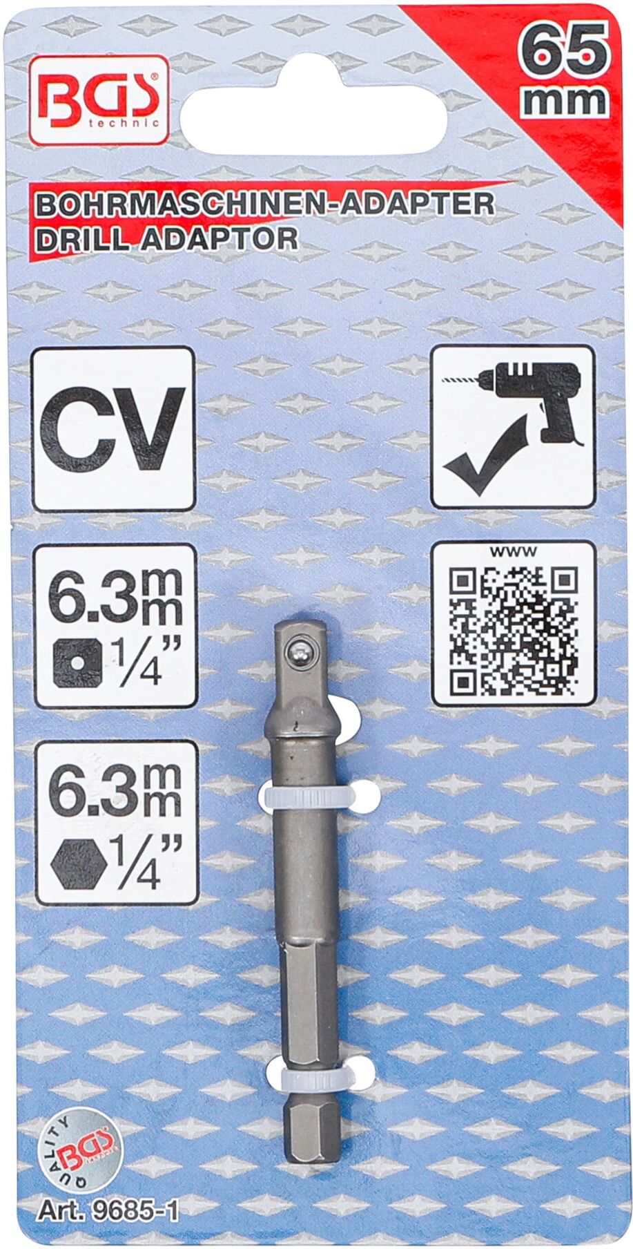 BGS Adapter für Bohrmaschinen 9685-1, Antrieb Außensechskant 6,3 mm (1/4") / Abtrieb Außenvierkant 6,3 mm (1/4") ; BGS technic)