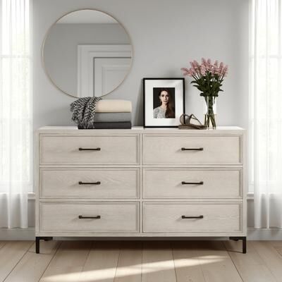 Benjara Bedy Wide Dresser, 6 Drawers, Black Metal, Antique White Oak Wood