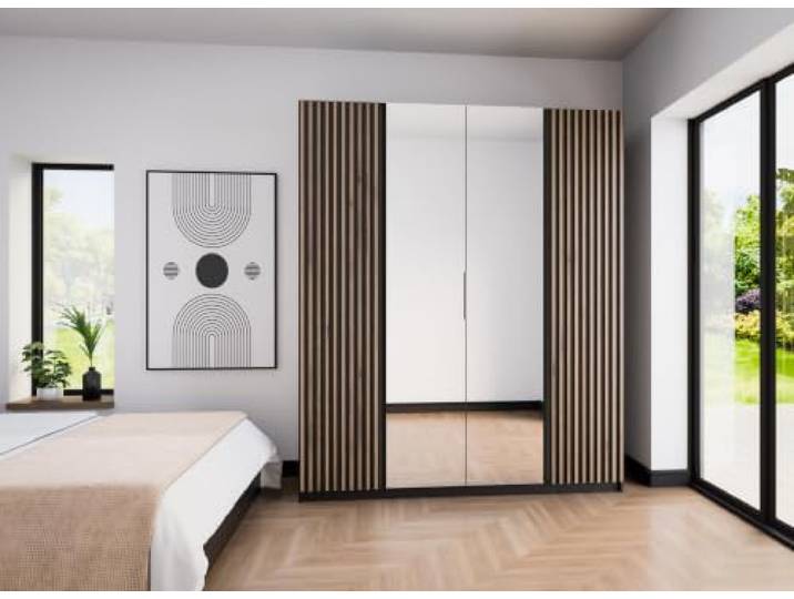 AX Living Nehir Schrank 200 cm Schwarz, Lamellen außen + Spiegel 2 Lamellen außen; 2 Spiegel mittig – Stauraum mit Stil.