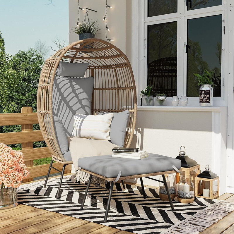 Blue Elephant Patio Egg Chair Outdoor with Ottoman - Wicker Egg Chair Oversized Patio Lounge Chairs with Cushions, Metal Frame Stand, for Balcony, Patio, Living Roo Grey