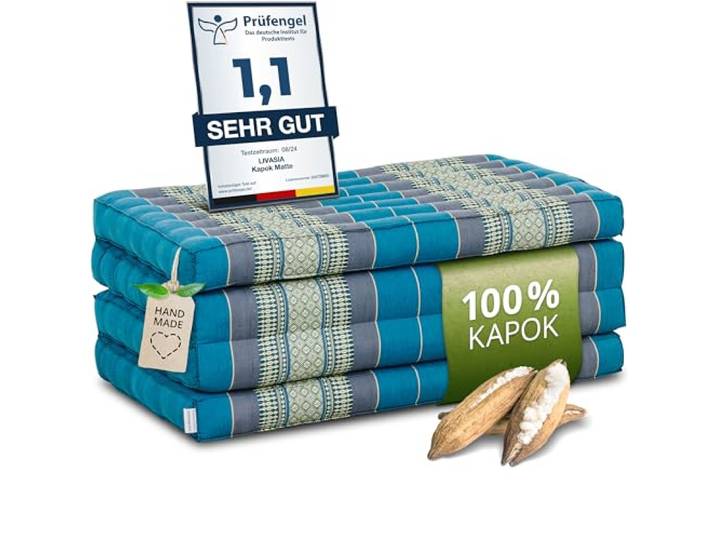 livasia Nachhaltige Klappmatratze aus Kapok - 200x80x8cm - Gästematratze, Faltbare Matratze für Van, ökologische Yogamatte, klappbares Gästebett, Liege für Garten und Balkon (Hellblau)