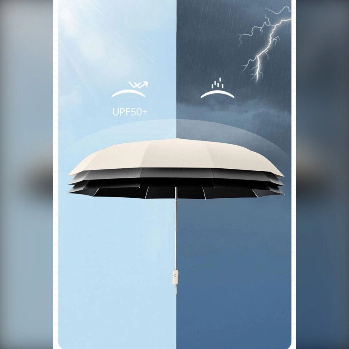 INF Parapluie inversé à pliage inversé - Toile enduite black-glue bloque 99% UV, Armature en alliage d'aluminium anti-vent, Beige