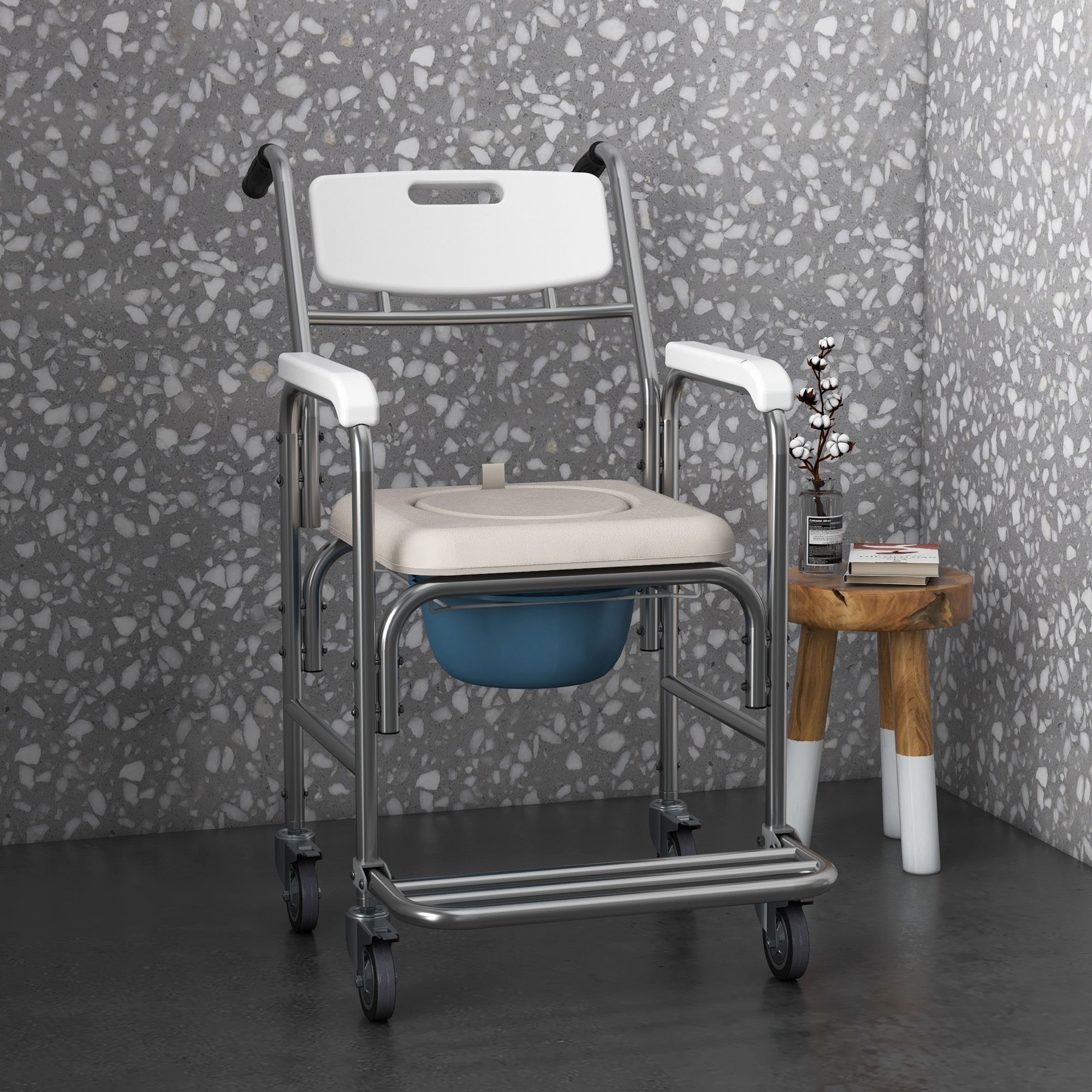 Homcom Sedia a Rotelle Impermeabile con WC Seduta in Ecopelle, 4 Ruote, Vaso Rimovibile, 84x54x96cm