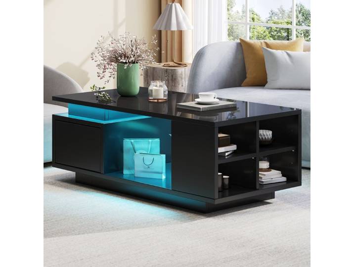Table basse BELLEMAVE 100x50x36 cm Tiroir + Rangements latéraux LED brillante Motif ajouré Table de salon Noir