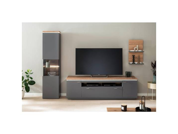 Stylife Wohnwand Neapel, Grau, Eiche Wotan, Glas, 1 Glas + 6 Holz Fächer, 1 Schublade(n) Schubladen, 270x208x50 cm, Beimöbel erhältlich, Wohnzimmer, Wohnwände, Anbauwände