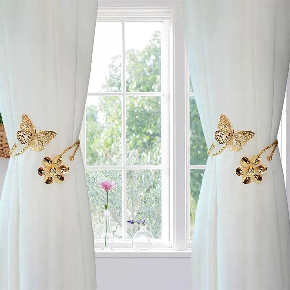 INF 2er-Set Metall Vorhang Raffhalter mit Schmetterling und Blume - Elegante Fensterdekoration Gold