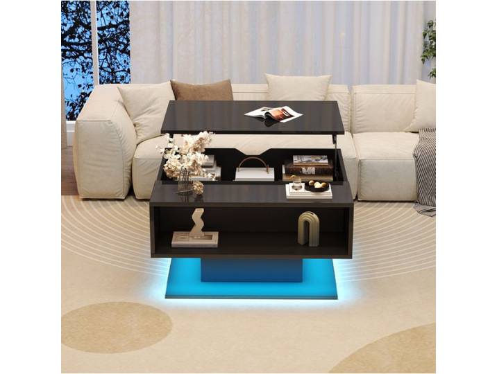 Table Basse Relevable Noire Brillante Table De Salon Design FloraGrace Pour Salon Et Sejour Avec Rangement Et LED 80x75x40cm