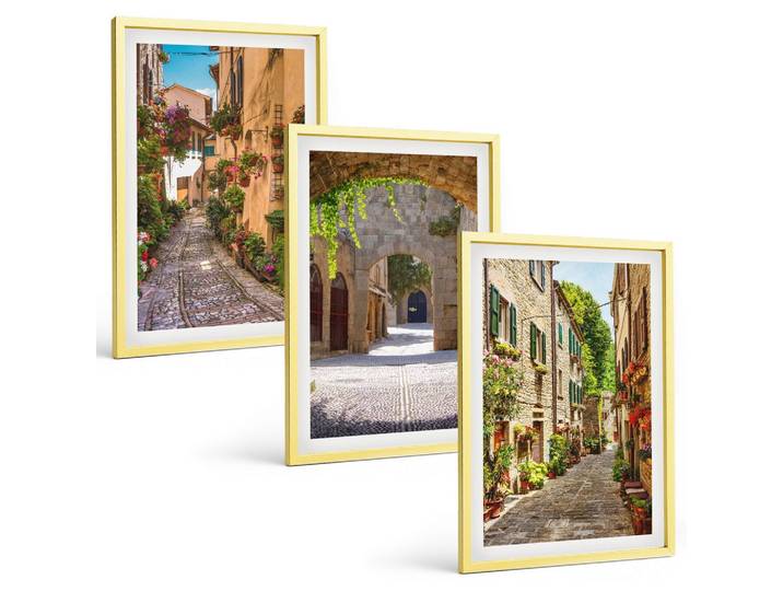 BILDER SET 3er Set - 40x60 cm Goldrahmen - Italienische Straßen, Blumen, Architektur