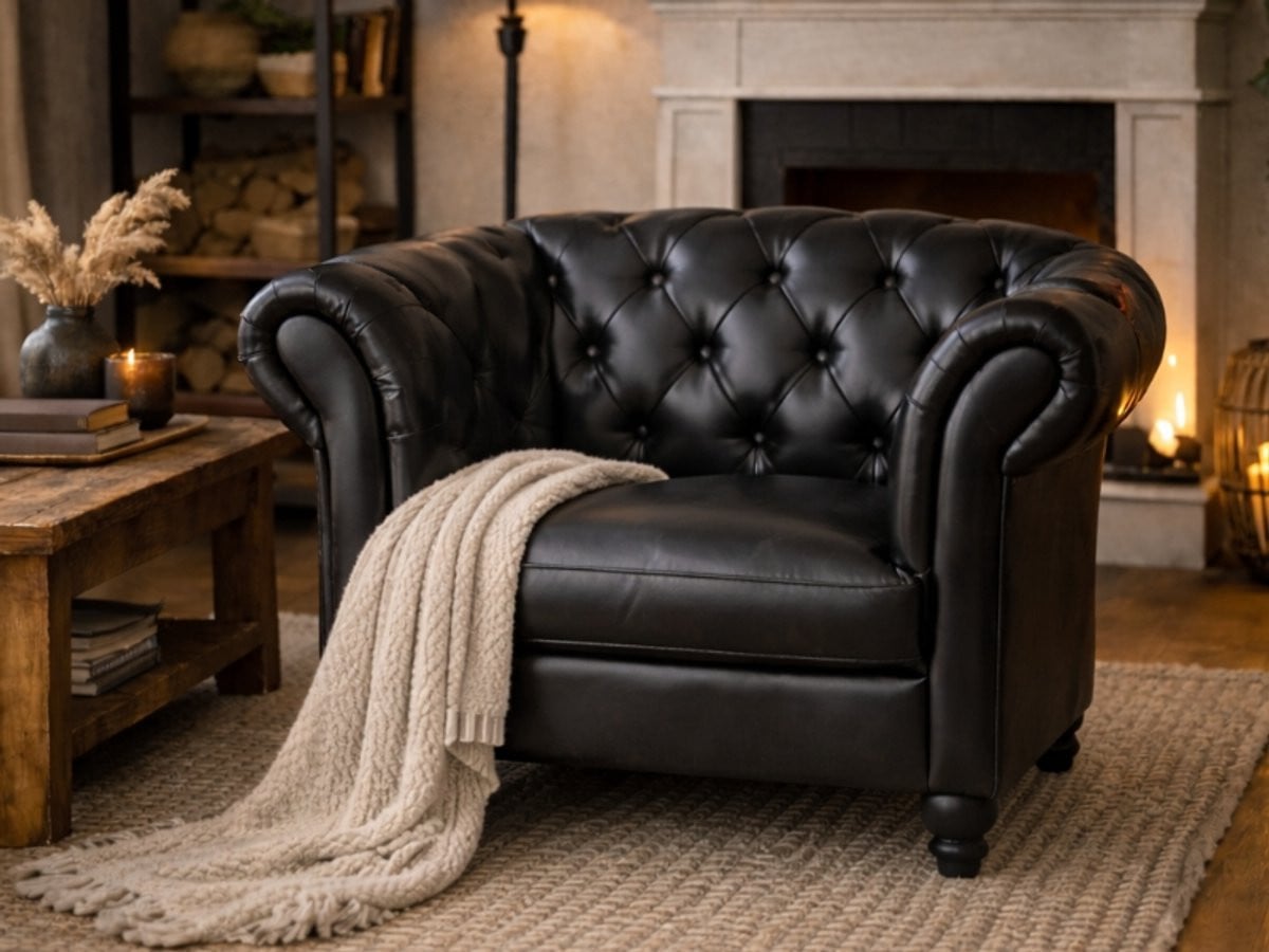 Meubeldistrict Chesterfield fauteuil 1-zits - Zwart - Leer - Curve armleuning