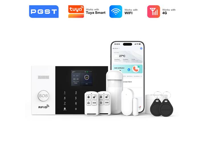PGST système alarme anti vol WiFi 4G Works with Tuya Smart Life pack sécurité sans fil intelligent protection domicile local commercial capteurs porte fenêtre surveillance à distance par téléphone