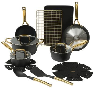 Oster Premium Abborttsford 16 Piece Aluminum Pots and Pans PFA Free Ceramic Non stick Induction Cookware Set - Black W/ Gold