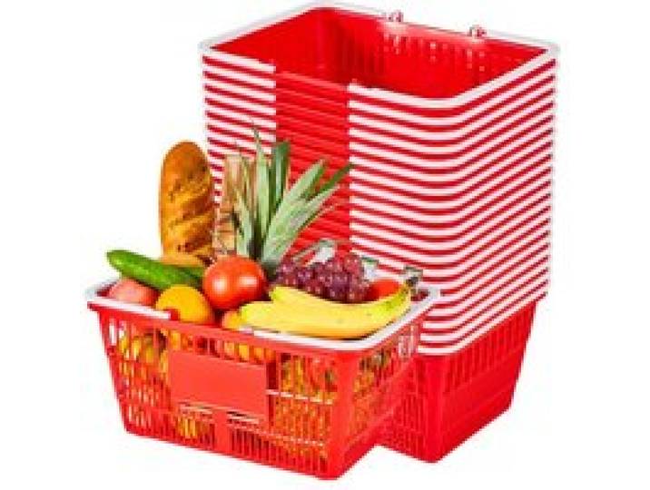 VEVOR Panier de Courses en Plastique 21 L Lot de 20, Panier à Provisions Empilable à Anses pour Courses, Supermarchés, Magasins et Rangement à la Maison, Maillage Dense, Charge Max. 9,07 kg, Rouge