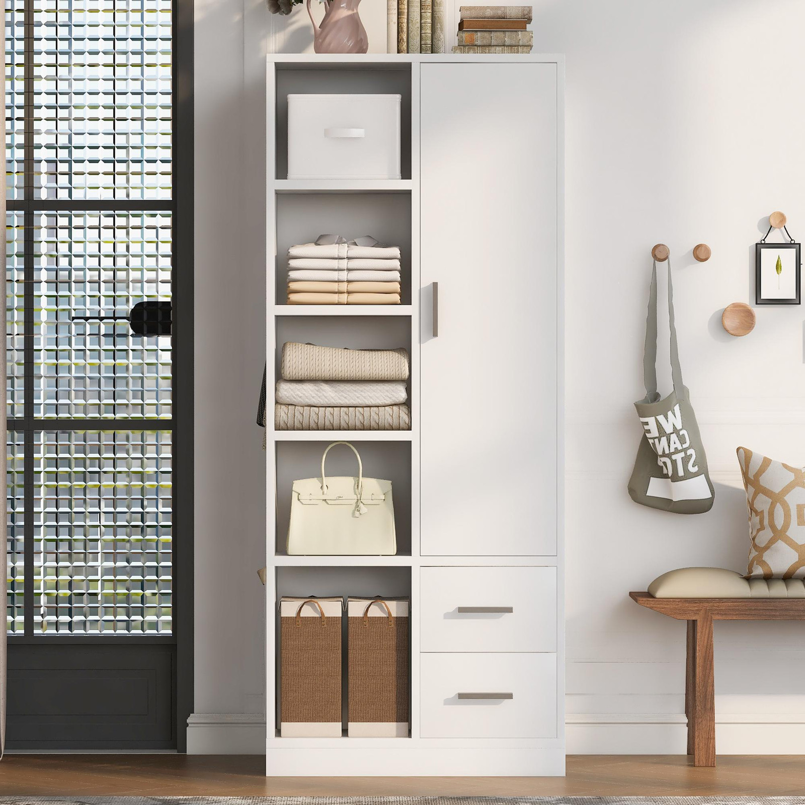 OKWISH Garderobe met lades en twee kledingroeden, witte entreekast met meerdere opbergvakken