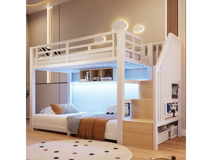 Lit superposé métal lit enfant 90x200 cm bandes LED 3 compartiments escalier avec rangements garde-corps sans matelas blanc