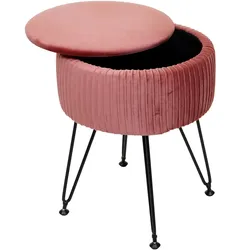 Sitzhocker MCW-K47, Hocker mit Staufach, Ø 33cm, Samt-Optik ~ rosa, Gestell schwarz