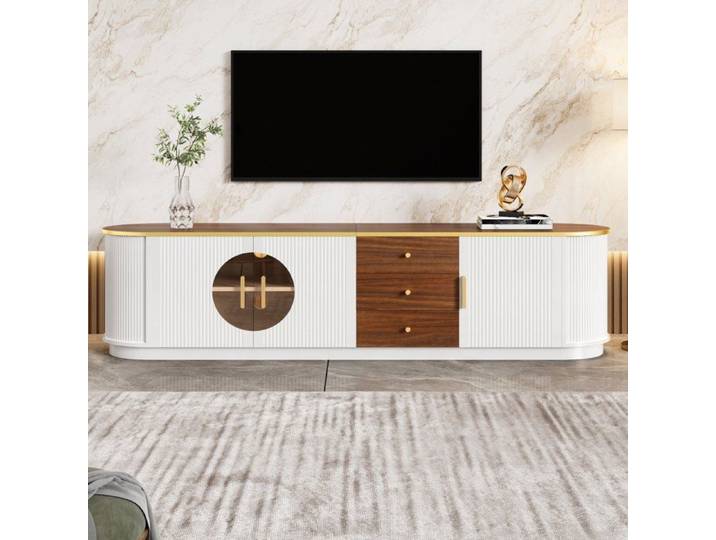 Bladez - Meuble TV luxueux moderne 180x40x46 cm avec portes en verre brun poignées aluminium - Blanc