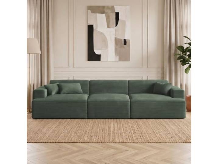 skølm Freki Cloud Couch aus Cord, 3-Sitzer Dunkelgrün, 3 Kissen, Sofa Sofagarnitur, Vollschaumcouch mit Federkern & Vakuum-Kompression, 320 cm breit, kein Aufbau erforderlich, Wohnzimmersofa