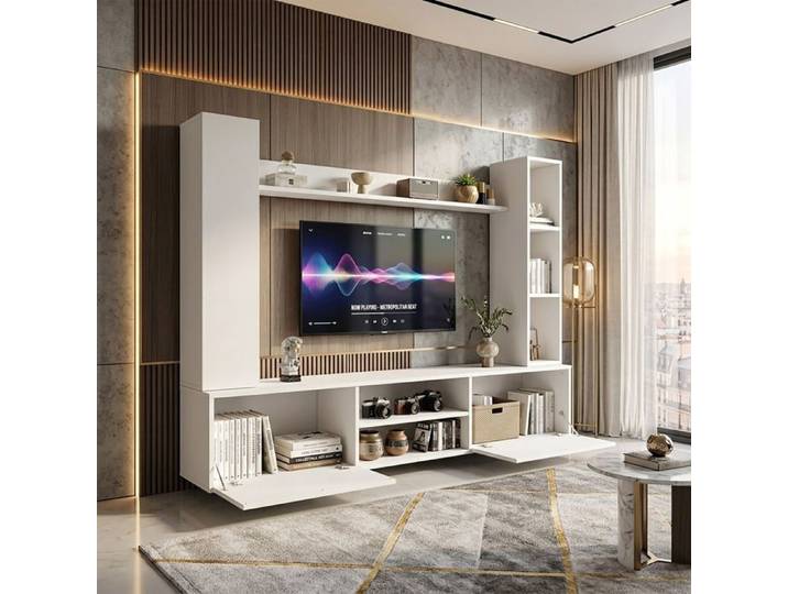Meuble TV 180cm Ensemble Mural Gain de place & Rangement complet