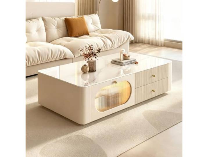 Cremeweißer Mitteltisch aus Kunstmarmor, Design mit Schublade und Ablage Moderner ovaler Couchtisch mit verstecktem Stauraum(Floor-standing,47.24x14.17in)