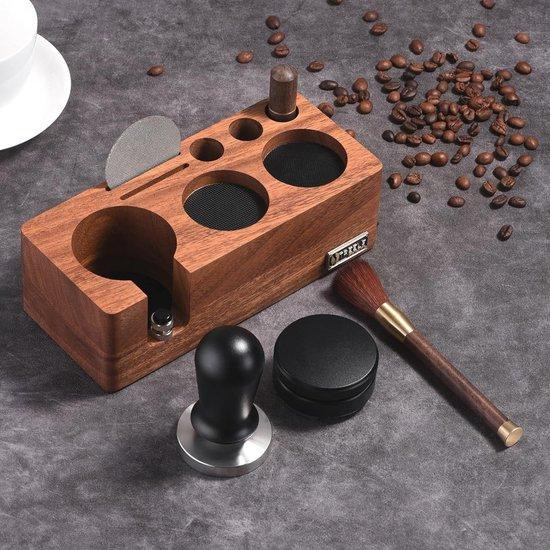 6-delige espresso-tamperstation organizer van hout en roestvrij staal in het bruin