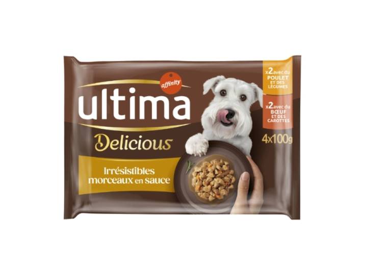 ULTIMA Pâtée Pour Chien Adulte Petit < 10kg Sauce Facile À Digérer Petits Morceaux Poulet Boeuf ULTIMA