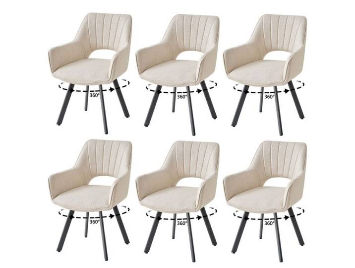 Lot de 6 Chaises de salle à manger - chaises en lin - avec accoudoirs et pivot à 360° - chaises ajourées à rayures - Blanc