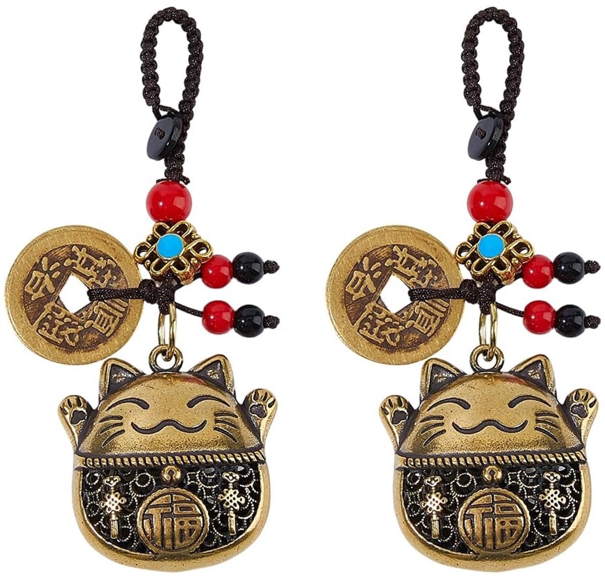 Maneki Neko Sleutelhanger Feng Shui Gelukskat - Goud - 2 Stuks