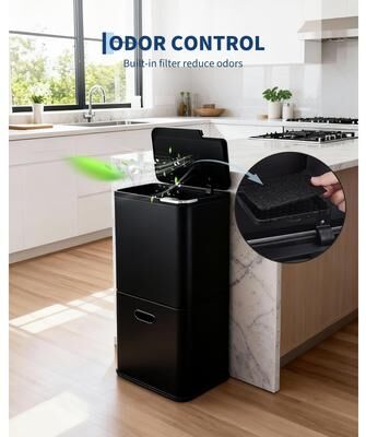 Garvee 16 Gal Dual Compartment Kitchen Trash and Recycling Bin, 3L Compost Caddy, Stainless Steel Waste Sorter, Black