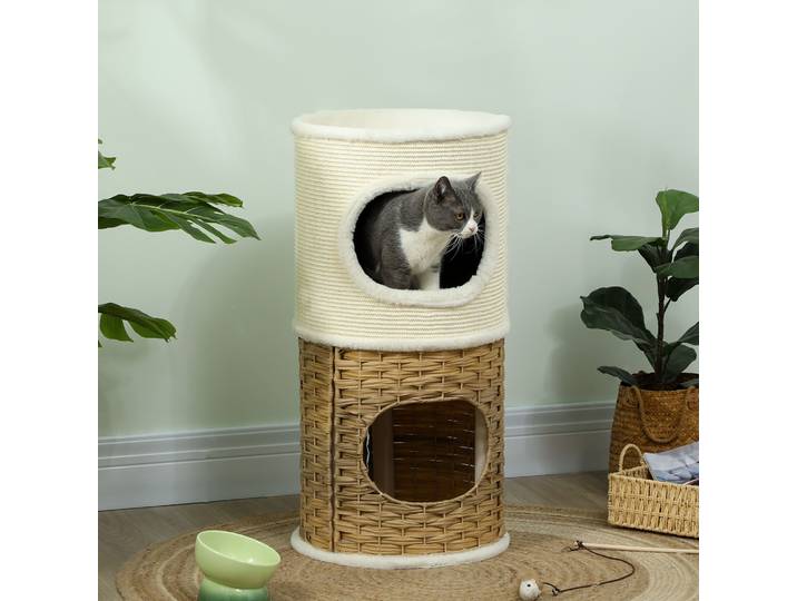 PawHut Niche Chat Intérieur 3 Niveaux Griffoir Sisal Ø40x80cm Crème