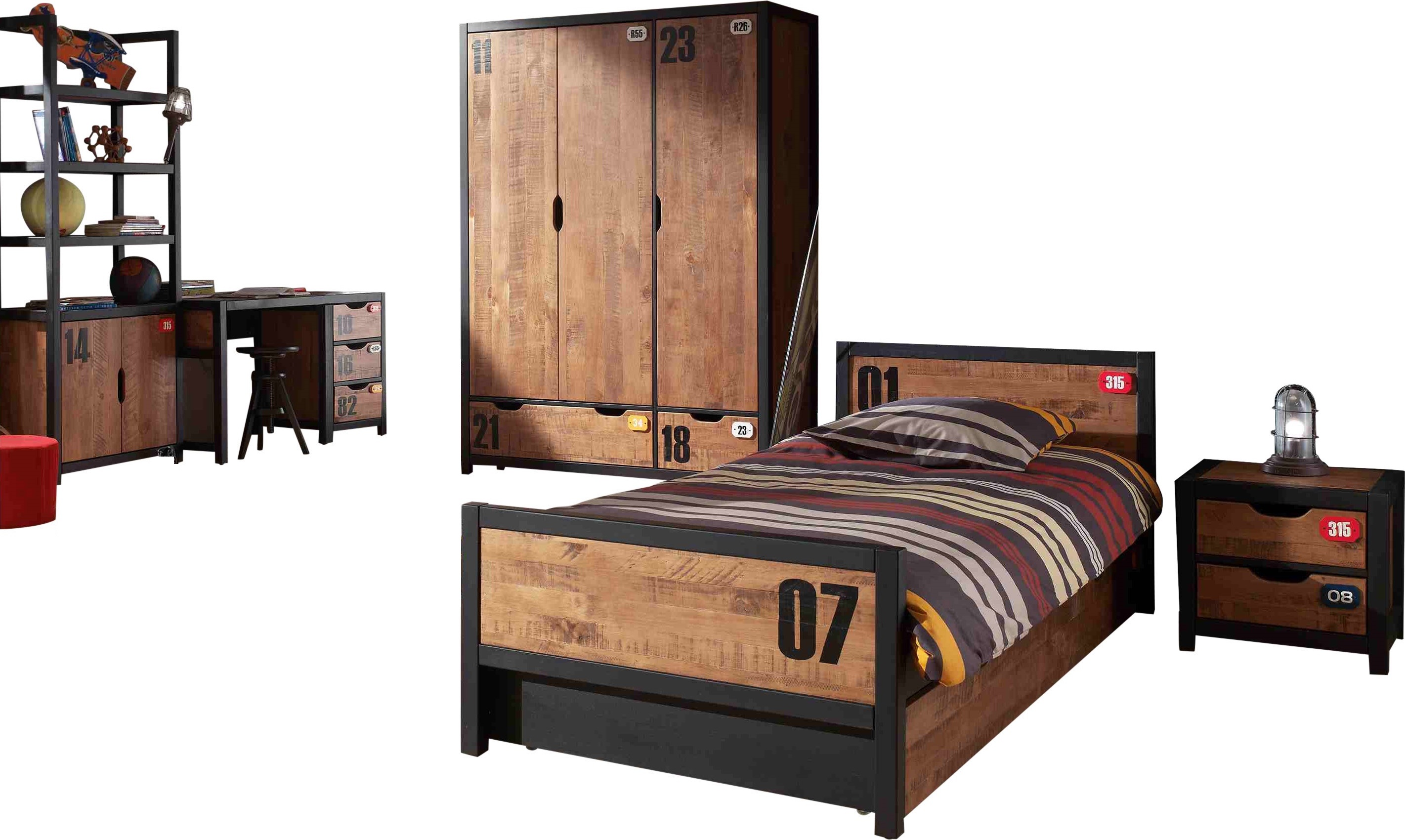 Die Kombination ALEX besteht aus einem Bett 90x200cm, einem Nachttisch, einem Rollbett, einem Schreibtisch, einem Kleiderschrank mit 3 Türen und einem Bücherregal.