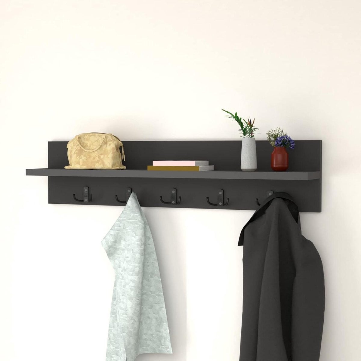 Moderne Wandkapstok met Plank en 5 Dubbele Haken - Antraciet