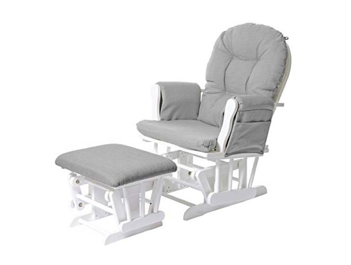 Mendler Relaxsessel HWC-C76 - Stoff/Textil, hellgrau, Gestell weiß Schaukelstuhl, Sessel, Schwingstuhl, mit Hocker