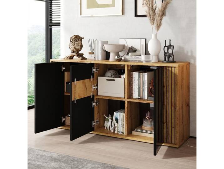 Buffet 140cm Noir et Bois 3 portes finition brillante Bahut moderne rangement salon Norevia